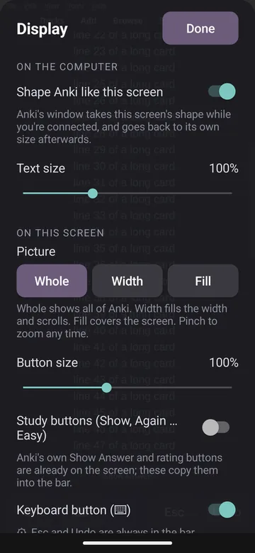 Alpachemy on a phone: Anki mirrored on the screen with the Display settings open.