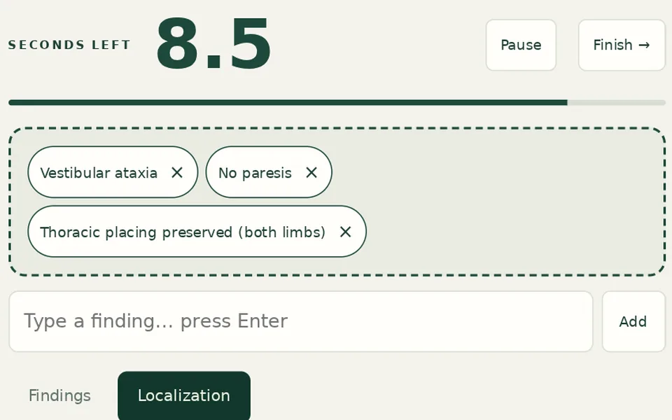 10 second neuro mode: 8.5 seconds left, three findings collected, localization choices below.