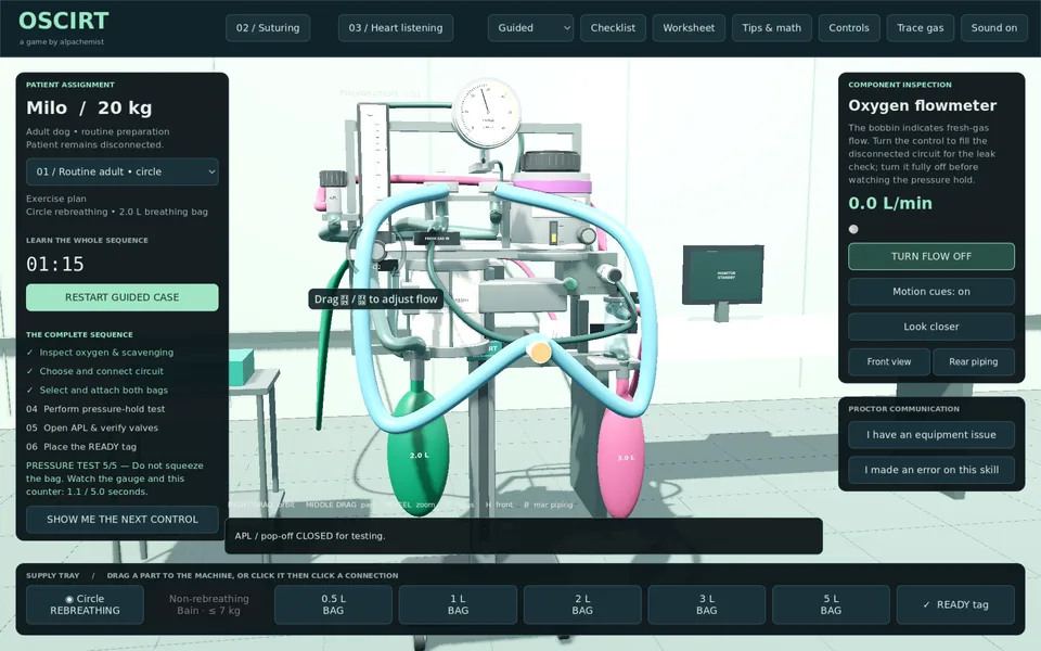 A 3D anesthesia machine mid pressure-hold test, with both breathing bags attached and the guided checklist half done.
