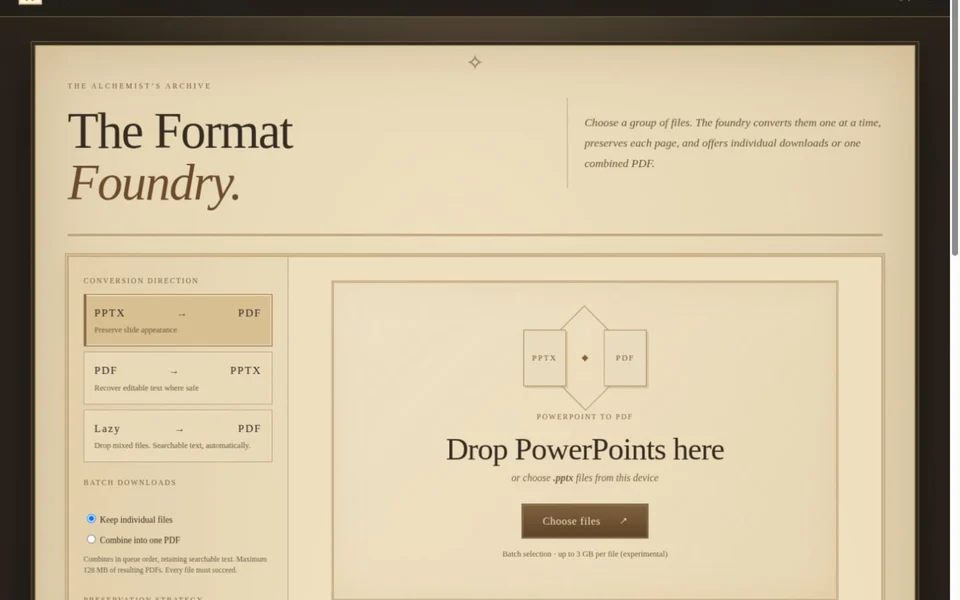 The parchment-themed Format Foundry with PowerPoint, PDF and Lazy conversion choices.