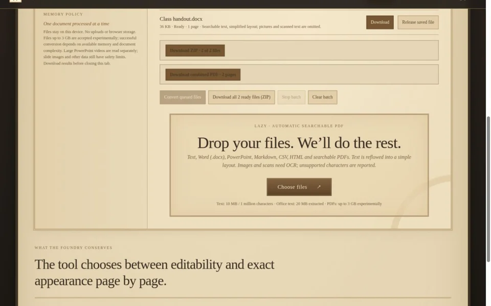 Combined PDF and Download all ZIP options above the Lazy file drop area.