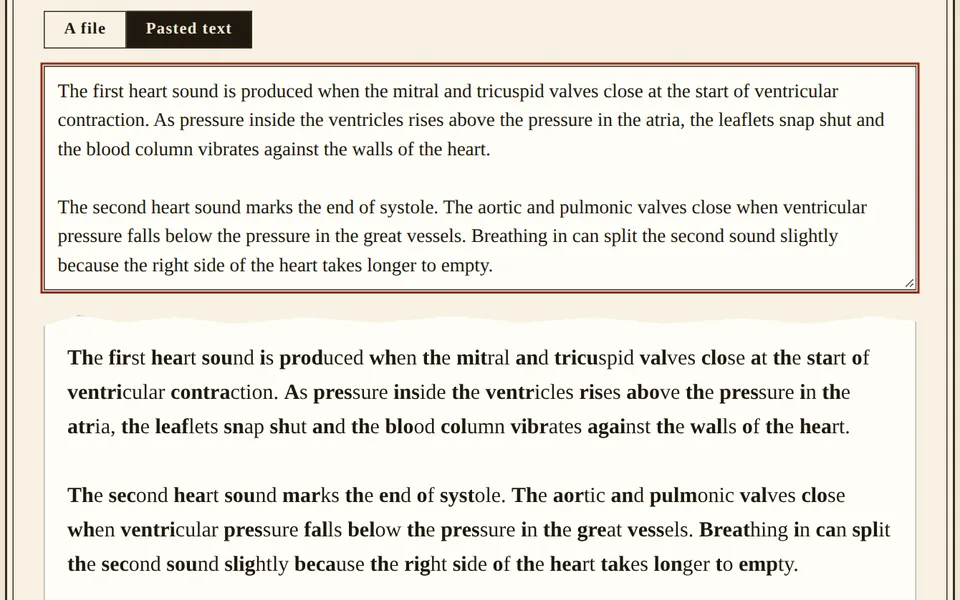 Pasted notes on heart sounds, and below them the same text with the start of every word in bold.