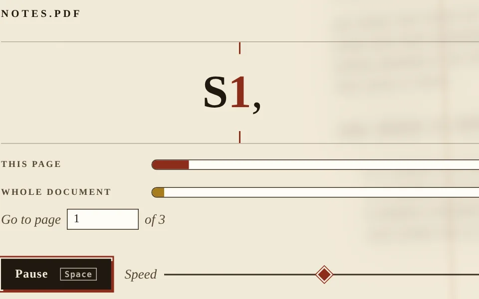 The speed reader showing one word at a time at 300 words per minute, with page and document progress bars.