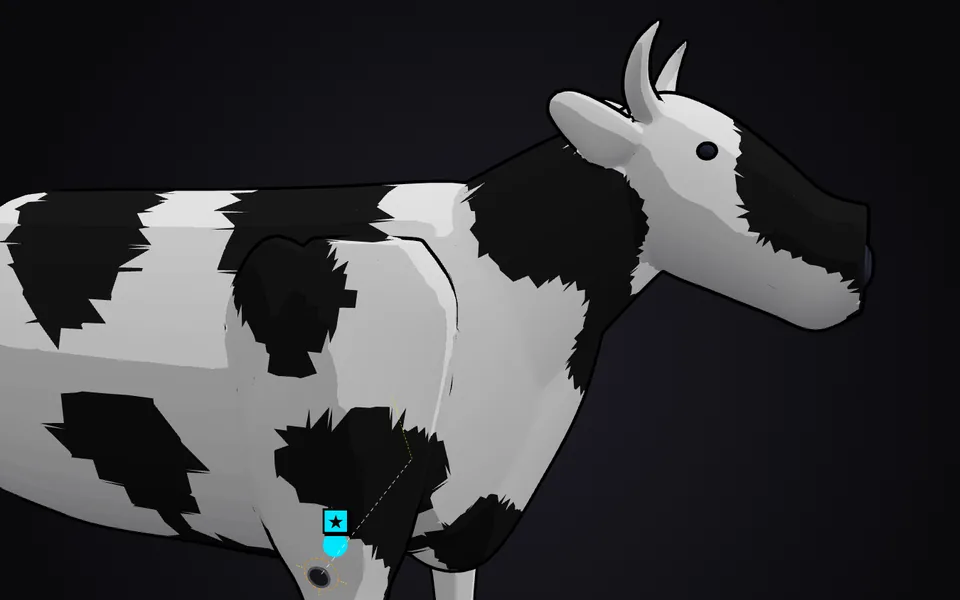 A 3D cow with the loudest-murmur point marked on its right side.